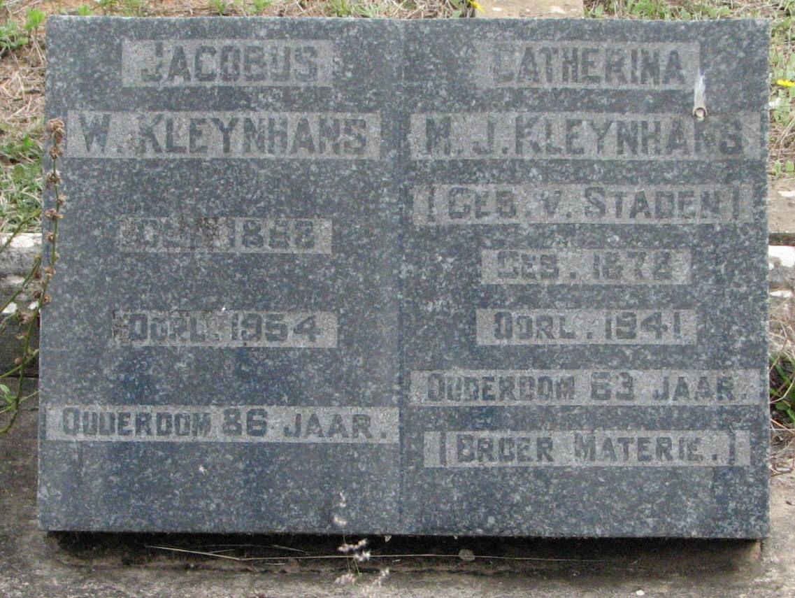 KLEYNHANS Jacobus W. 1888-1954 &amp; Catherina M.J. VAN STADEN 1878-1941