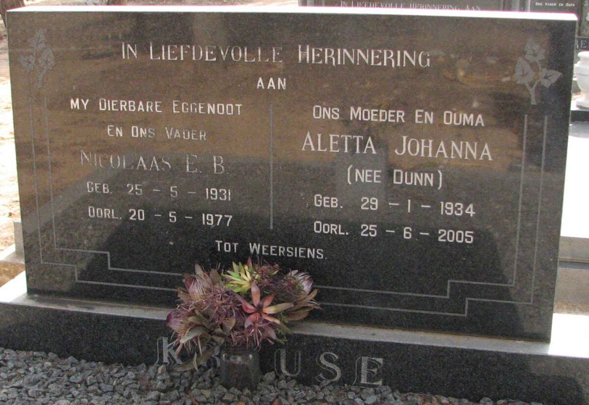 KRAUSE Nicolaas E.B. 1931-1977 &amp; Aletta Johanna DUNN 1934-2005