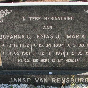 RENSBURG Johanna C., Janse van 1932-1981 :: JANSE VAN RENSBURG Esias J.1894-1971 :: JANSE VAN RENSBURG Maria M.D. 1897-1987