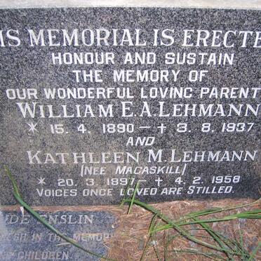 LEHMANN William E.A. 1890-1937 &amp; Kathleen M. MACASKILL 1897-1958