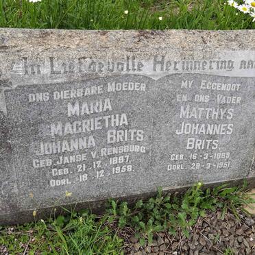 BRITS Matthys Johannes 1889-1951 &amp; Maria Magrietha Johanna JANSE V. RENSBURG 1897-1958
