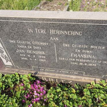 BRITZ Jan Hendrik 1896-1969 &amp; Fransina J. VAN RENSBURG 1900-1974