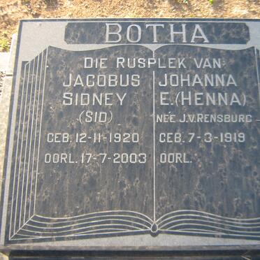 BOTHA Jacobus Sidney 1920-2003 &amp; Johanna E. J.V. RENSBURG 1919-