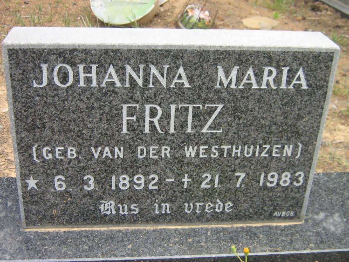 FRITZ Johanna Maria nee VAN DER WESTHUIZEN 1892-1983