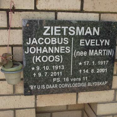 ZIETSMAN Jacobus Johannes 1913-2011 &amp; Evelyn MARTIN 1917-2001