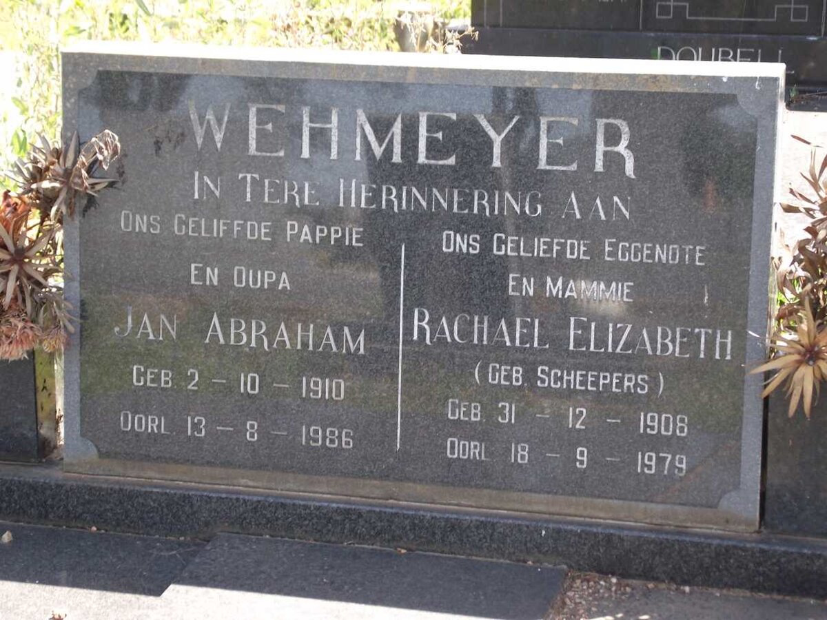 WEHMEYER Jan Abraham 1910-1986 &amp; Rachel Elizabeth SCHEEPERS 1906-1979