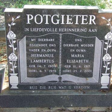 POTGIETER Hermanus Lambertus 1904-1978 &amp; Maria Elizabeth 1917-2001