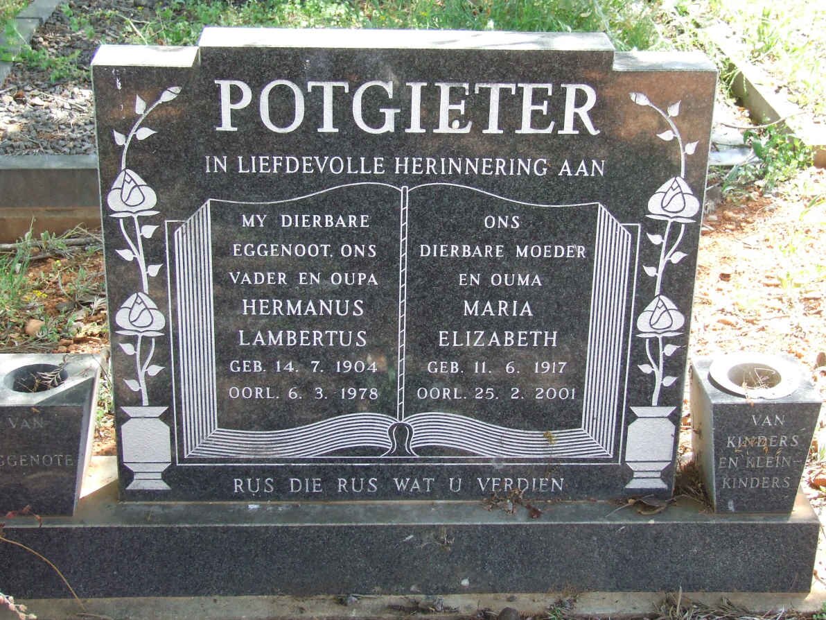 POTGIETER Hermanus Lambertus 1904-1978 &amp; Maria Elizabeth 1917-2001