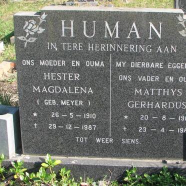 HUMAN Matthys Gerhardus 1912-1985 &amp; Hester Magdalena MEYER 1910-1987