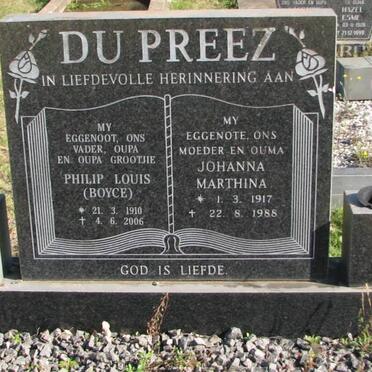 PREEZ Philip Louis, du 1910-2006 &amp; Johanna Marthina 1917-1988 :: DU PREEZ Irma 1972-1999
