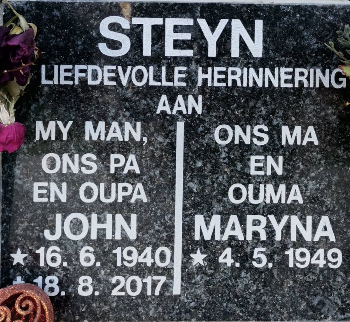 STEYN John 1940-2017 &amp; Maryna 1949-