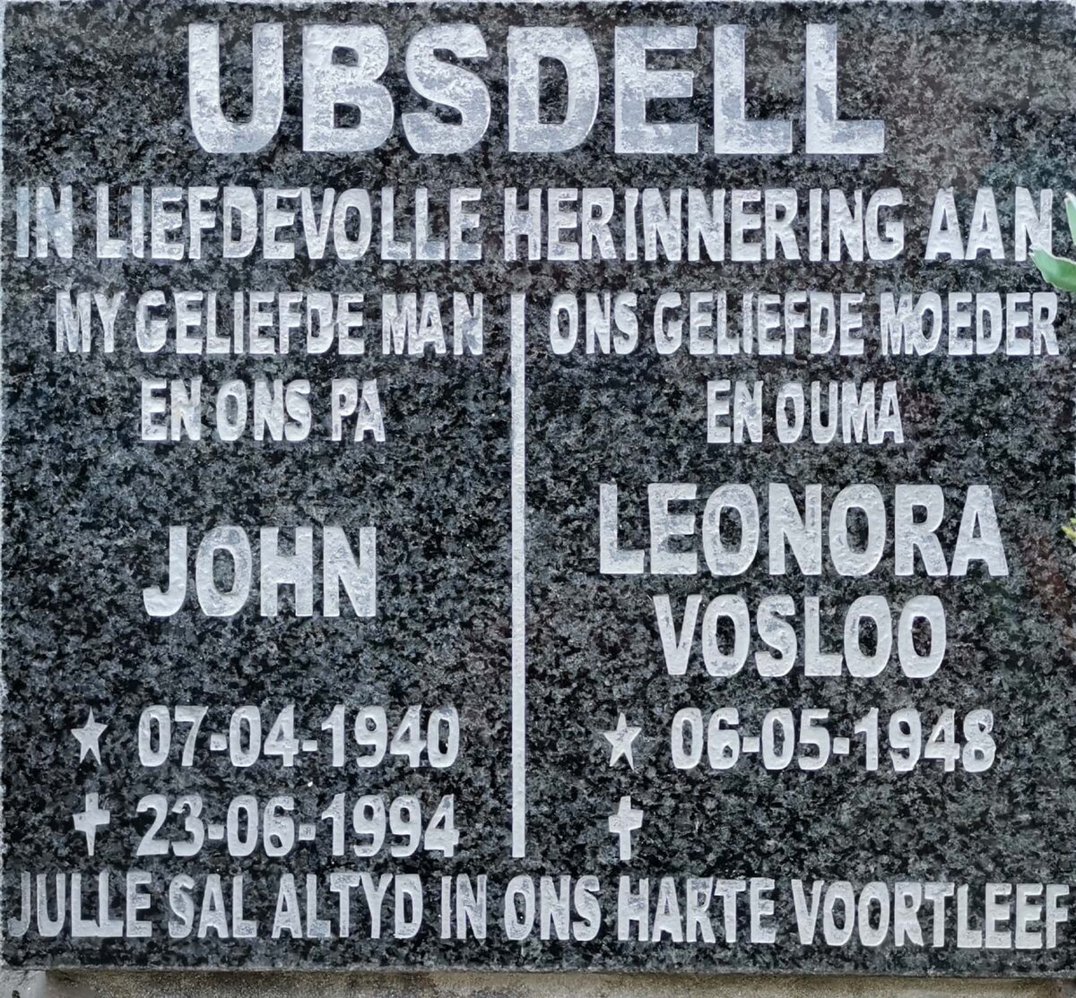 UBSDELL John 1940-1994 &amp; Leonora VOSLOO 1948-