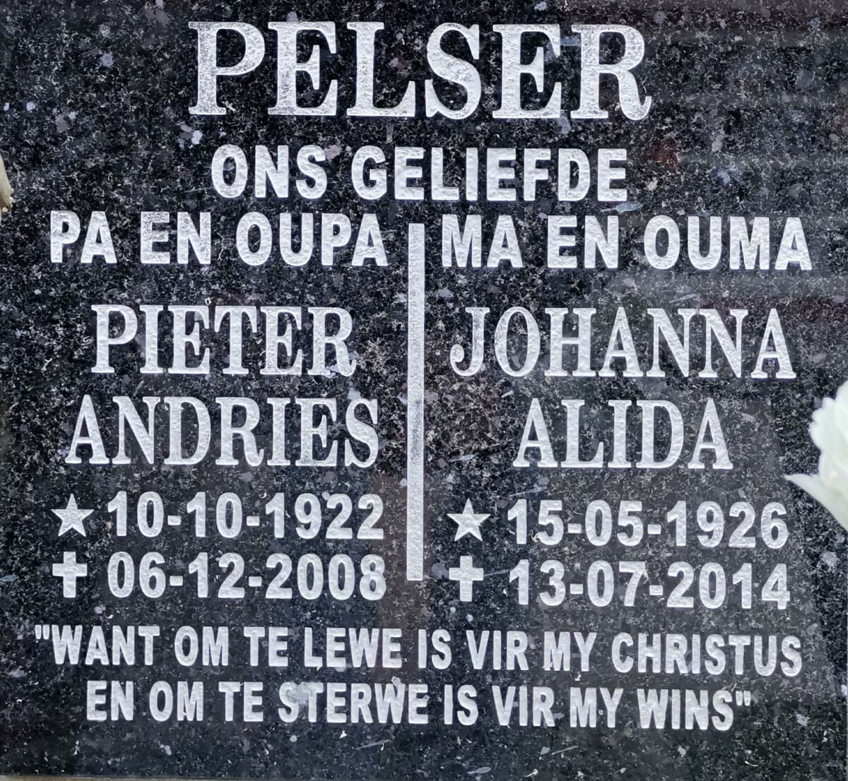 PELSER Pieter Andries 1922-2008 &amp; Johanna Alida 1926-2014