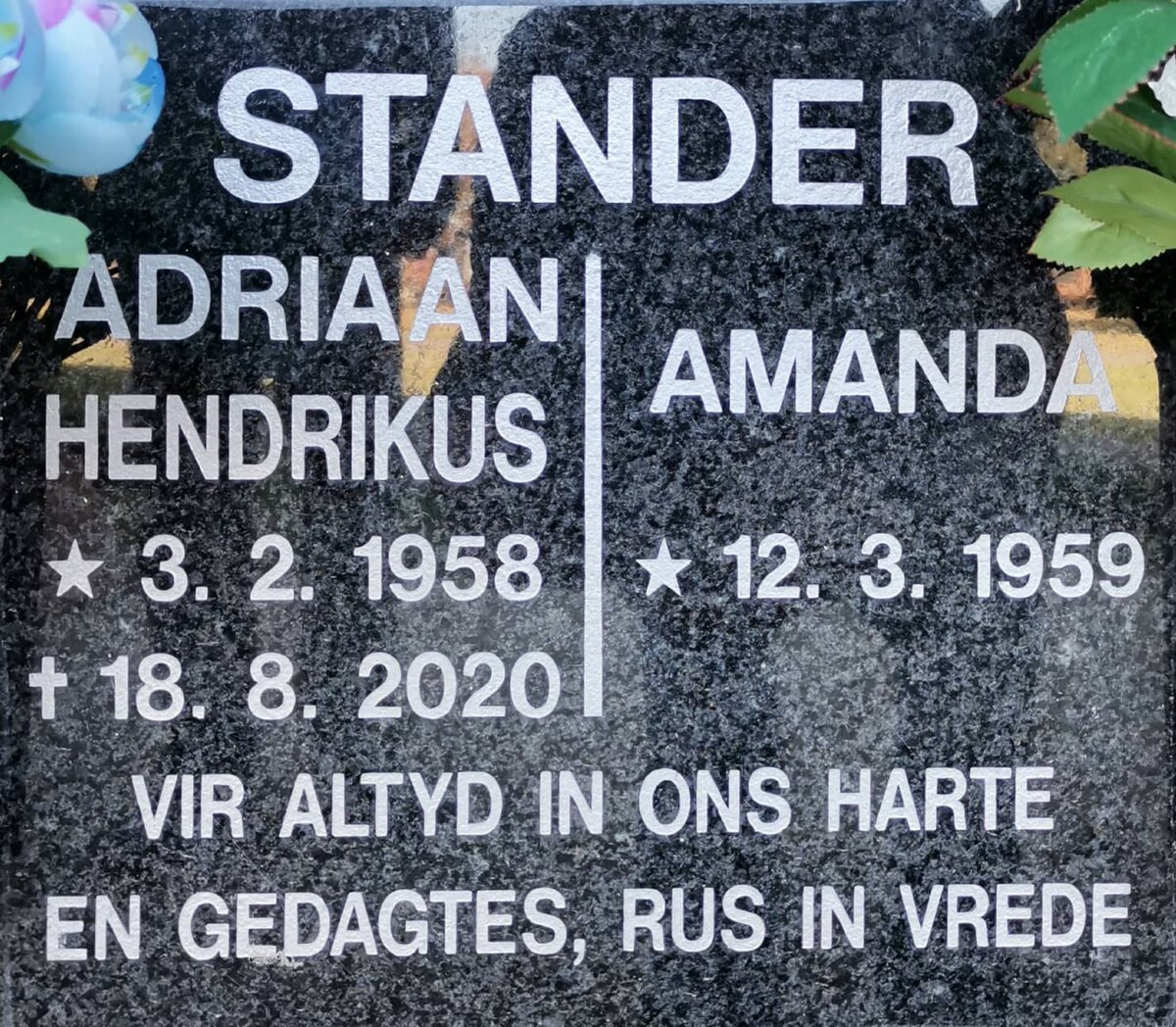 STANDER Adriaan Hendrikus 1958-2020 &amp; Amanda 1959-