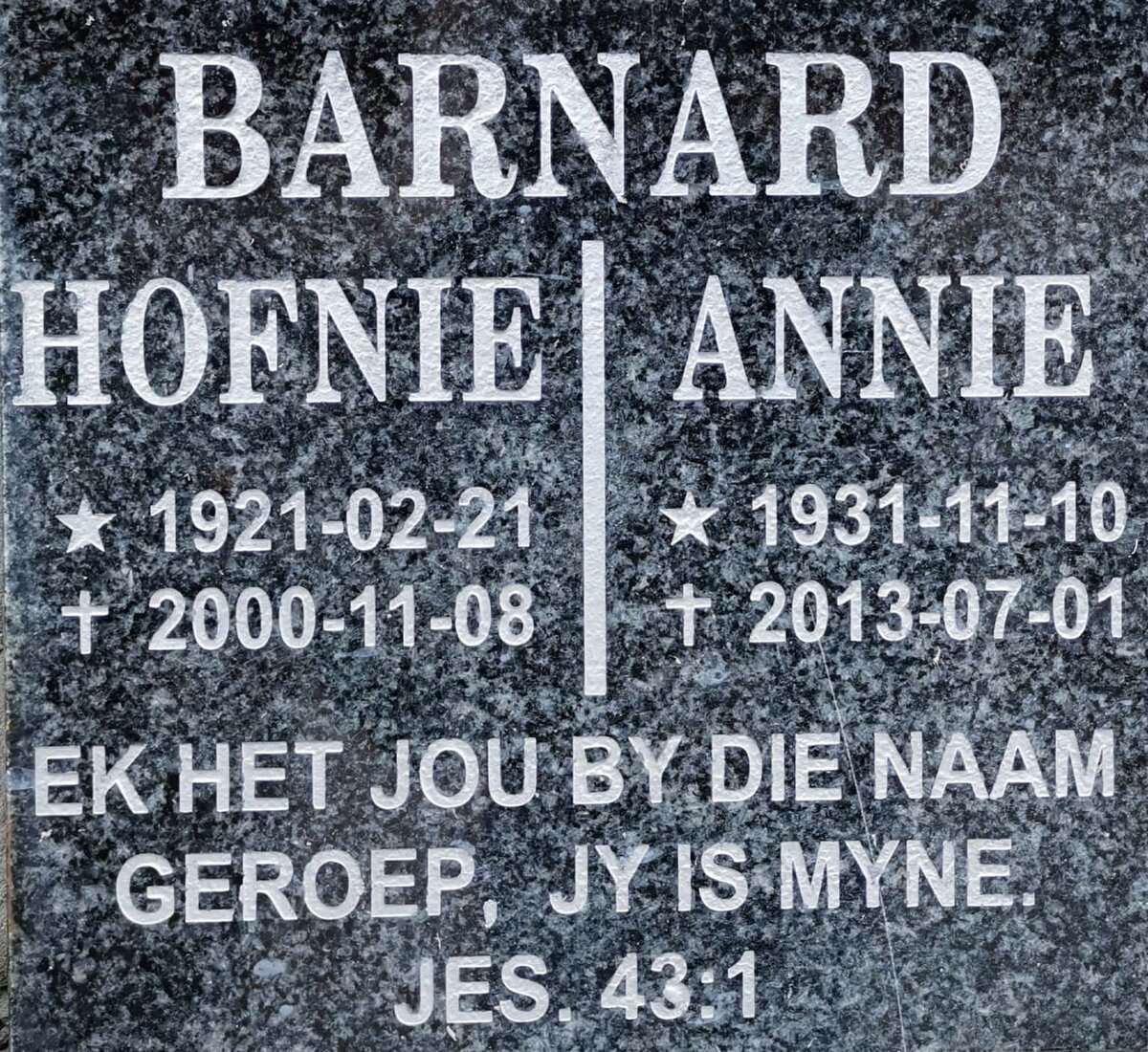 BARNARD Hofnie 1921-2000 &amp; Annie 1931-2013