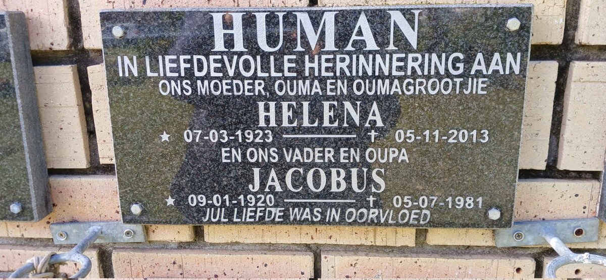 HUMAN Jacobus 1920-1981 &amp; Helena 1923-2013