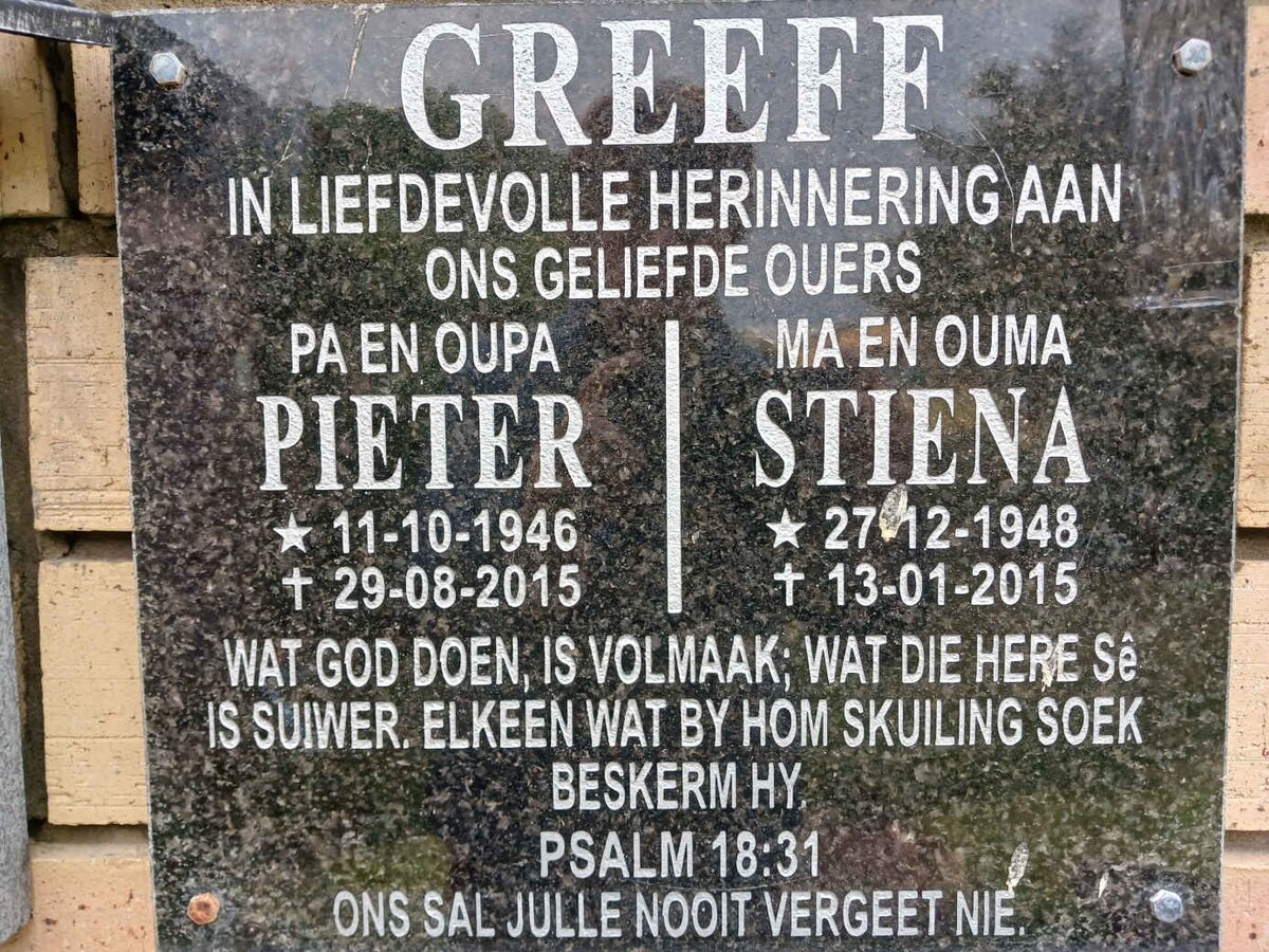 GREEFF Pieter 1946-2015 &amp; Stiena 1948-2015
