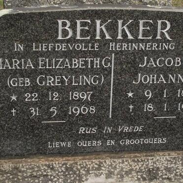 BEKKER Jacobus Johannes 1896-1967 &amp; Maria Elizabeth G. GREYLING 1897-1968