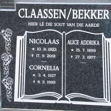 CLAASSEN Nicolaas 1923-2001 &amp; Cornelia 1927-1999 :: BEKKER Alice Addrika 1899-1977