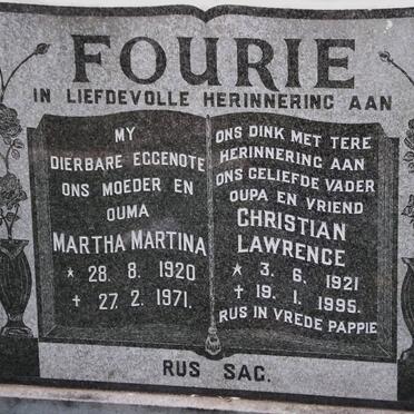 FOURIE Christian Lawrence 1921-1995 &amp; Martha Martina 1920-1971 :: FOURIE Erika 1962-2004