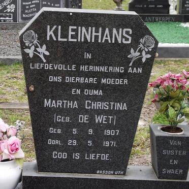 KLEINHANS Martha Christina nee DE WET 1907-1971