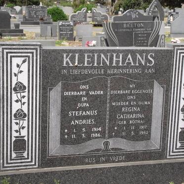 KLEINHANS Stefanus Andries 1914-1986 &amp; Regina Catharina BOTHA 1917-1982