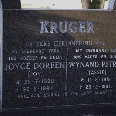 KRUGER Wynand Petrus 1918-1992 &amp; Joyce Doreen 1920-1984