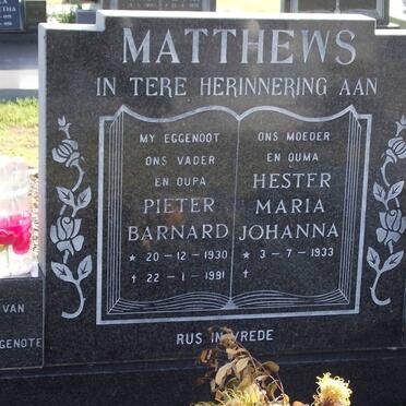 MATTHEWS Pieter Barnard 1930-1991 &amp; Hester Maria Johanna 1933-
