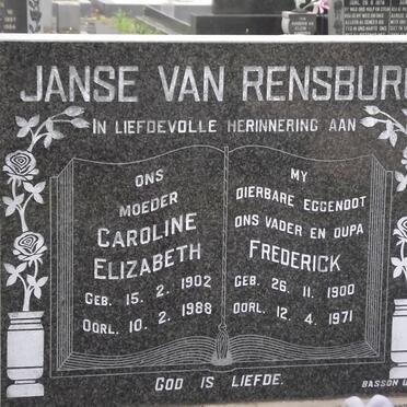 RENSBURG Frederick, janse van 1900-1971 &amp; Caroline Elizabeth 1902-1988