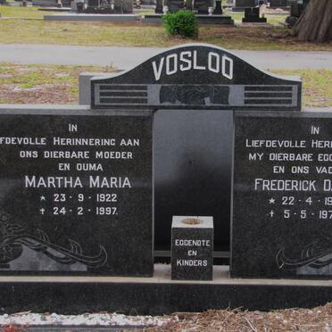 VOSLOO Frederick Daniel 1917-1975 &amp; Martha Maria 1922-1997