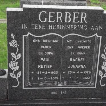 GERBER Paul Retief 1925-2005 &amp; Rachel Johanna 1928-1988