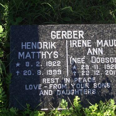 GERBER Hendrik Matthys 1922-1999 &amp; Irene Maud Ann DOBSON 1926-2011