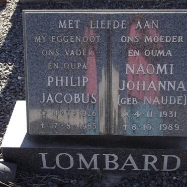 LOMBARD Philip Jacobus 1926-1985 &amp; Naomi Johanna NAUDE 1931-1989