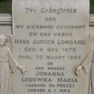 LOMBARD Hans Jurgen 1876-1947 &amp; Johanna Lodewika Maria DU PREEZ 1888-1974