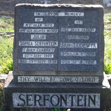 SERFONTEIN  Jan Lodewyk 1908-1992 &amp; Julia Sophia CLARKE 1909-1950