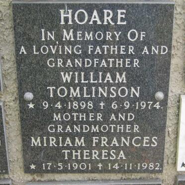 HOARE William Tomlinson 1898-1974 &amp; Miriam Frances Theresa 1901-1982