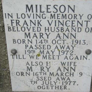 MILESON Frank Vincent 1913-1972 &amp; Mary Ann 1910-1977