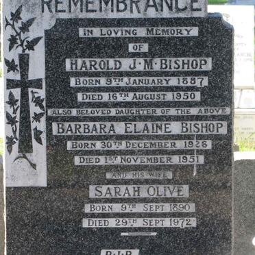BISHOP Harold J.M. 1887-1950 :: BISHOP Barbara Elaine 1926-1951 :: BISHOP Sarah Olive 1890-1972