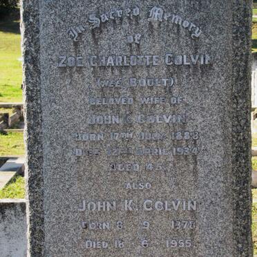 COLVIN John K. 1878-1955 &amp; Zoe Charlotte BOULT 1888-1934