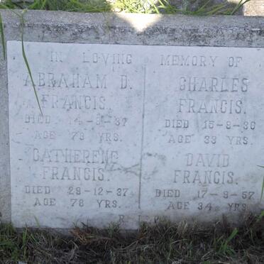 FRANCIS Abraham D. -1937 :: FRANCIS Catherene -1837 :: FRANCIS Charles -1986 :: FRANCIS  David -1957