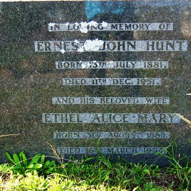 HUNT Ernest John 1881-1951 &amp; Ethel Alice Mary 1883-1954