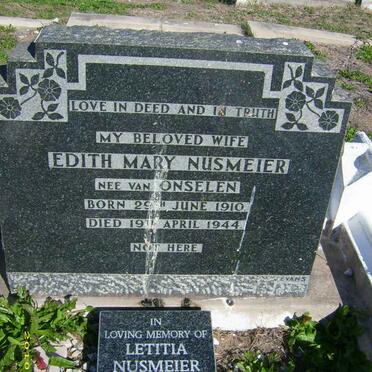 NUSMEIER  Edith Mary nee VAN ONSELEN 1910-1944 :: NUSMEIER Letitia 1942-2004