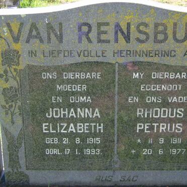 RENSBURG Rhodus Petrus, van 1911-1977 &amp; Johanna Elizabeth 1915-1993