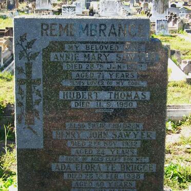 SAWYER Annie Mary -1942 :: SAYER Hubert Thomas -1950 :: SAYWER Henry John -1932 :: TE BRUGGE Ada Elora -1938