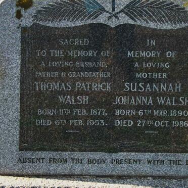 WALSH Thomas Patrick 1877-1953 &amp; Susannah Johanna 1890-1986