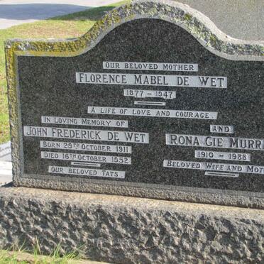 WET Florence Mabel, de 1877-1947 :: DE WET John Frederick 1911-1952 :: MURRAY  Rona Gie 1910-1988