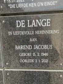 LANGE Barend Jacobus, de 1946-2021