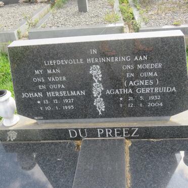 PREEZ Johan Herselman, du 1927-1995 &amp; Agatha Gertruida 1932-2004