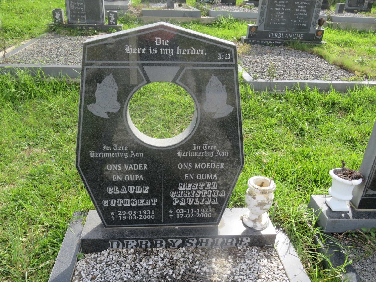 DERBYSHIRE Claude Cuthbert 1931-2000 &amp; Hester Christina Paulina 1933-2000