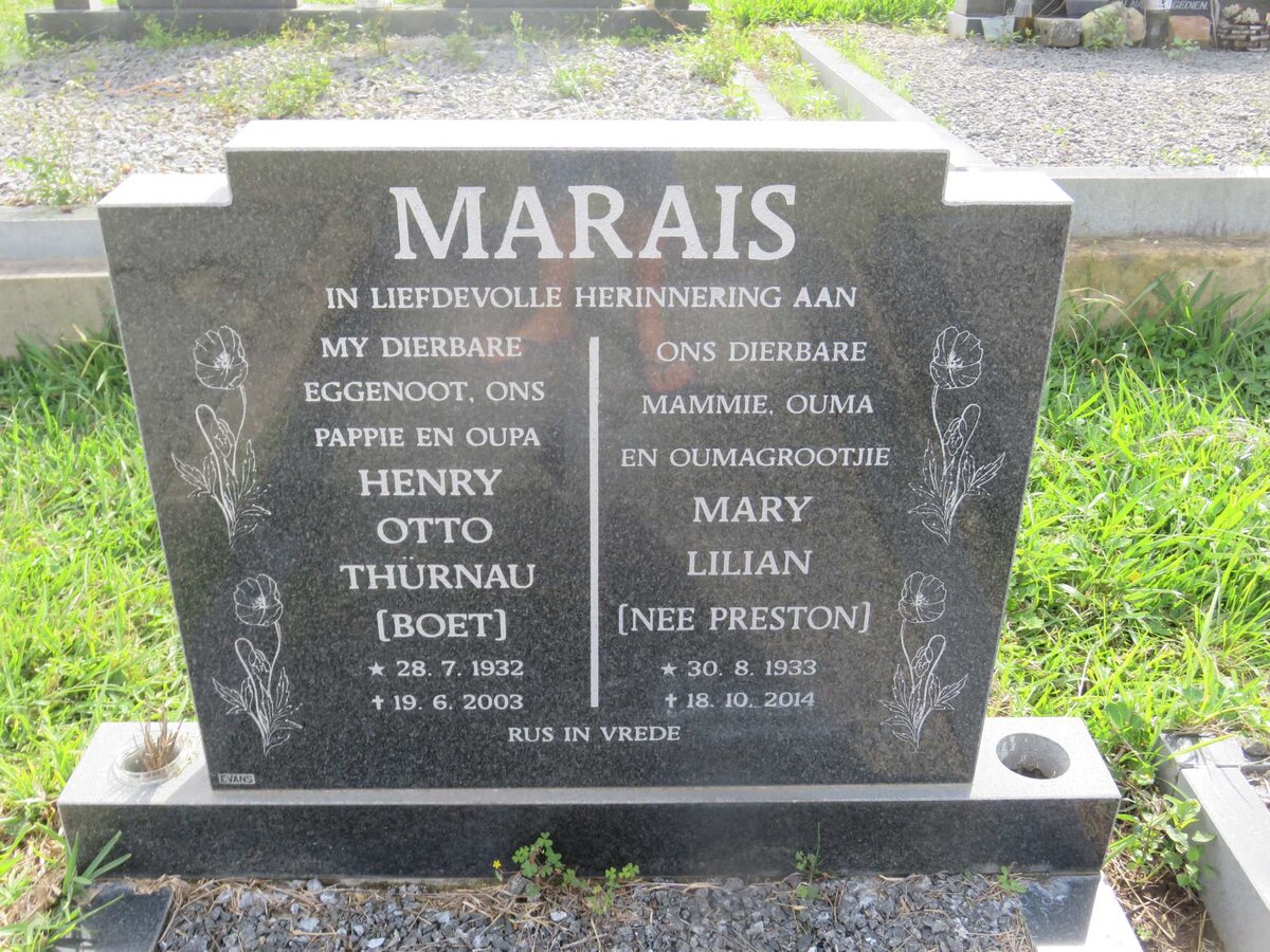 MARAIS Henry Otto Thurnau 1932-2003 &amp; Mary Lilian PRESTON 1933-2014
